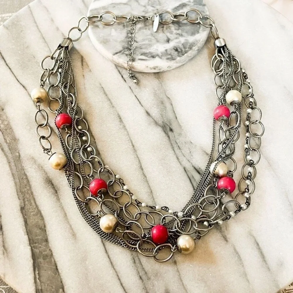 New York & Co Layered Silver Tone‎ Chain Necklace | Pink Bead | Multi Strand Y2K